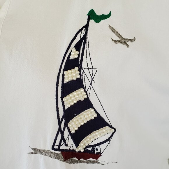 Jane Ashley Shirt Women's Medium White Nautical Embroidered Beaded Button-Down - Picture 8 of 12